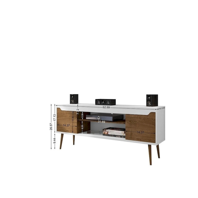 Meuble TV blanc de style moderne du milieu du siècle, console multimédia à 2 portes et 2 étagères, pieds évasés en noyer, convient jusqu’à 60 pouces