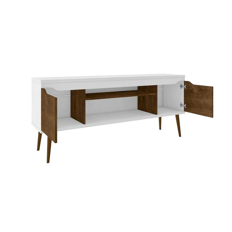 Meuble TV blanc de style moderne du milieu du siècle, console multimédia à 2 portes et 2 étagères, pieds évasés en noyer, convient jusqu’à 60 pouces