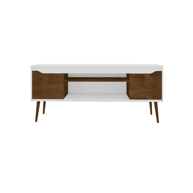 Meuble TV blanc de style moderne du milieu du siècle, console multimédia à 2 portes et 2 étagères, pieds évasés en noyer, convient jusqu’à 60 pouces