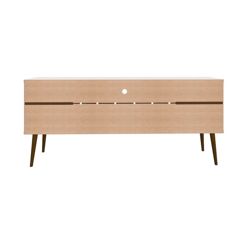 Meuble TV blanc de style moderne du milieu du siècle, console multimédia à 2 portes et 2 étagères, pieds évasés en noyer, convient jusqu’à 60 pouces