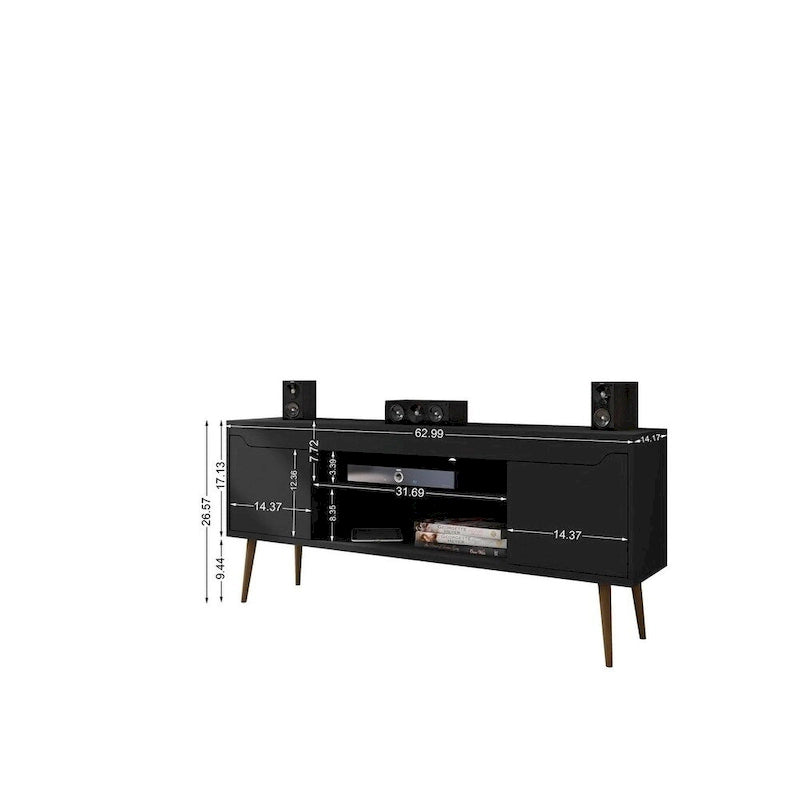 Meuble TV blanc de style moderne du milieu du siècle, console multimédia à 2 portes et 2 étagères, pieds évasés en noyer, convient jusqu’à 60 pouces