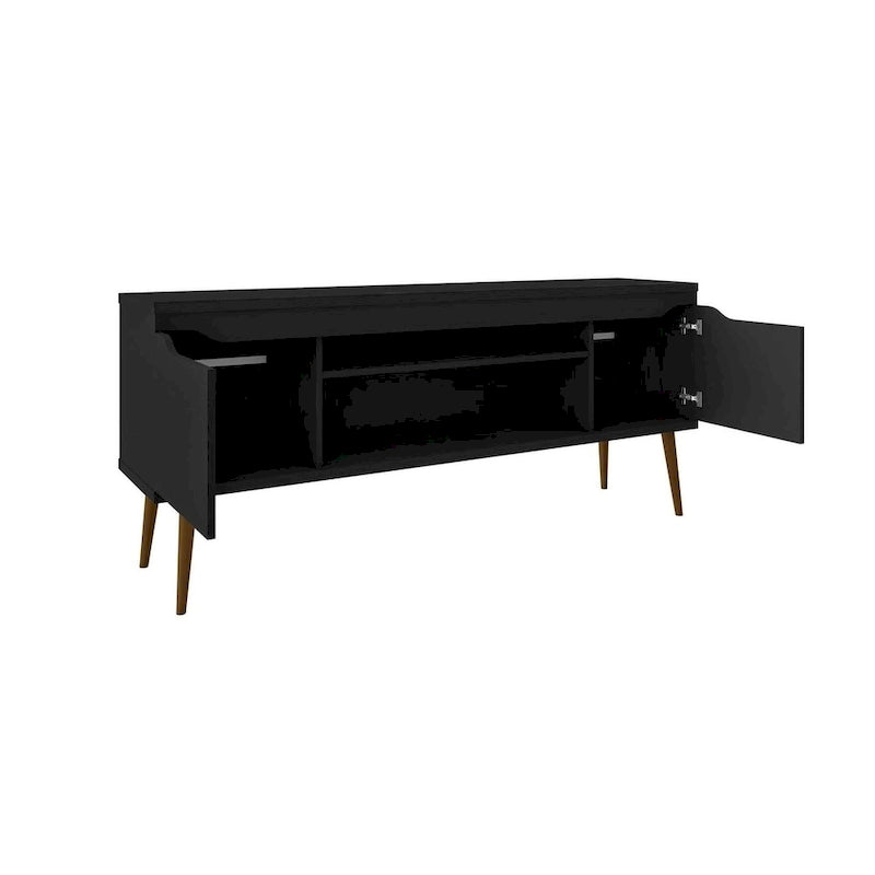 Meuble TV blanc de style moderne du milieu du siècle, console multimédia à 2 portes et 2 étagères, pieds évasés en noyer, convient jusqu’à 60 pouces