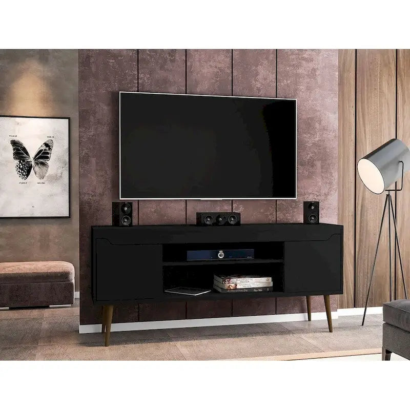 Meuble TV blanc de style moderne du milieu du siècle, console multimédia à 2 portes et 2 étagères, pieds évasés en noyer, convient jusqu’à 60 pouces
