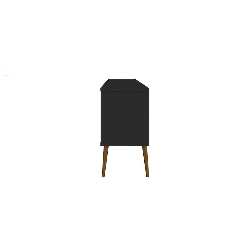Meuble TV blanc de style moderne du milieu du siècle, console multimédia à 2 portes et 2 étagères, pieds évasés en noyer, convient jusqu’à 60 pouces