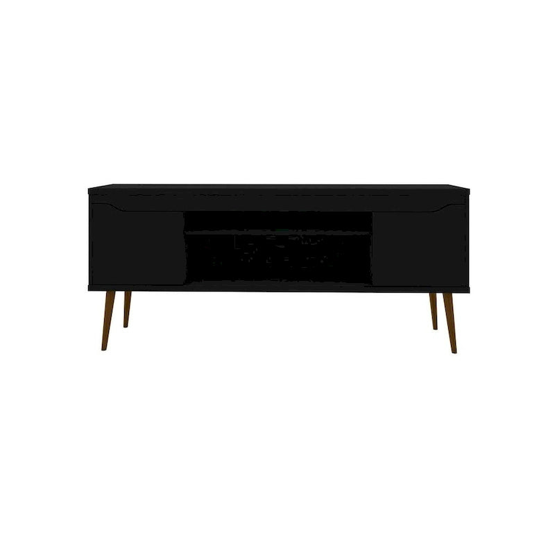 Meuble TV blanc de style moderne du milieu du siècle, console multimédia à 2 portes et 2 étagères, pieds évasés en noyer, convient jusqu’à 60 pouces