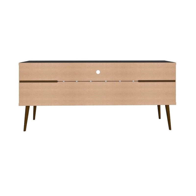 Meuble TV blanc de style moderne du milieu du siècle, console multimédia à 2 portes et 2 étagères, pieds évasés en noyer, convient jusqu’à 60 pouces