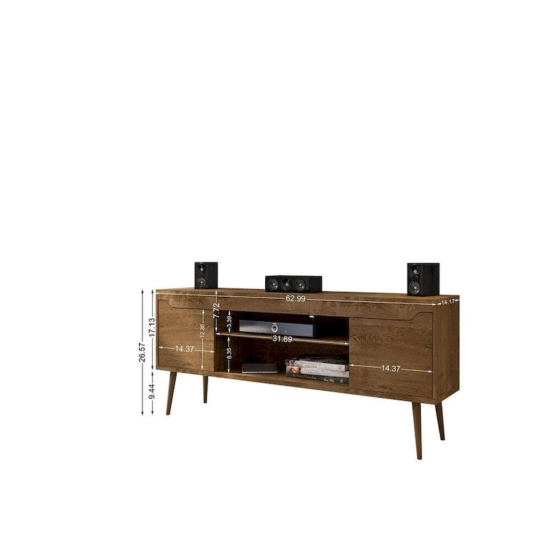 Meuble TV blanc de style moderne du milieu du siècle, console multimédia à 2 portes et 2 étagères, pieds évasés en noyer, convient jusqu’à 60 pouces