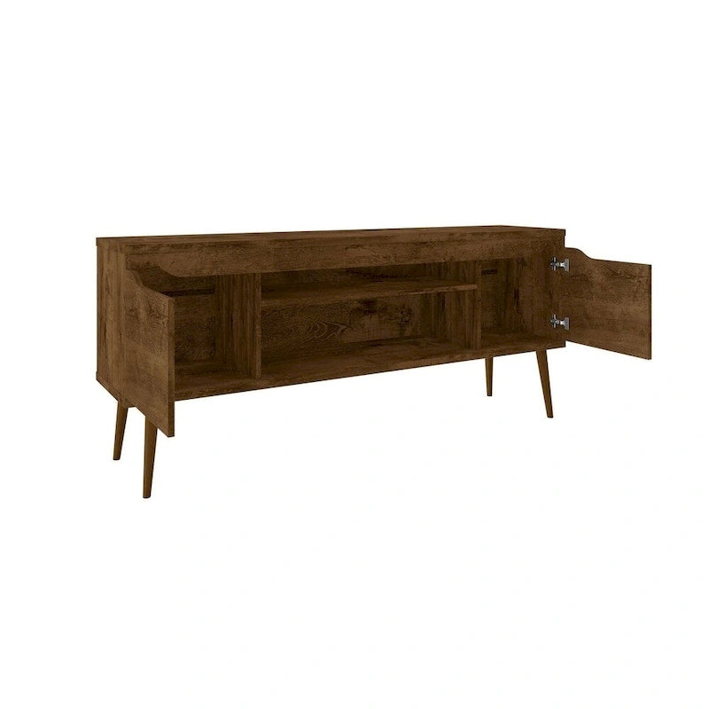 Meuble TV blanc de style moderne du milieu du siècle, console multimédia à 2 portes et 2 étagères, pieds évasés en noyer, convient jusqu’à 60 pouces