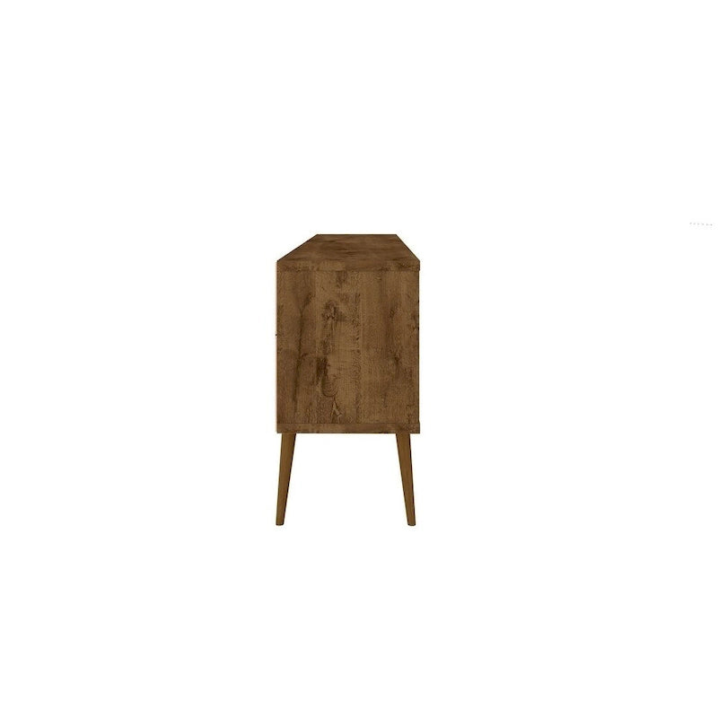 Meuble TV blanc de style moderne du milieu du siècle, console multimédia à 2 portes et 2 étagères, pieds évasés en noyer, convient jusqu’à 60 pouces