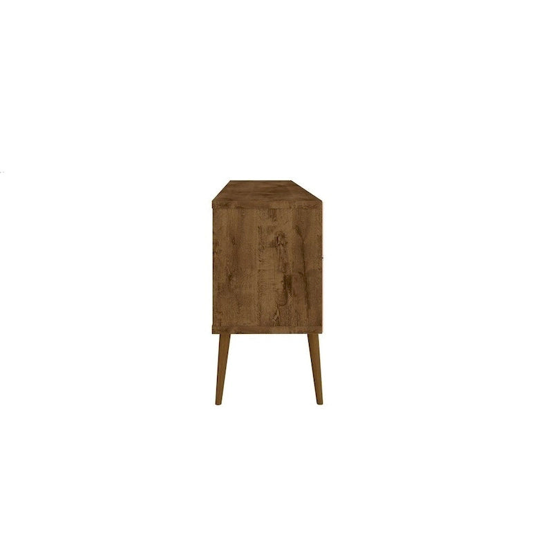 Meuble TV blanc de style moderne du milieu du siècle, console multimédia à 2 portes et 2 étagères, pieds évasés en noyer, convient jusqu’à 60 pouces