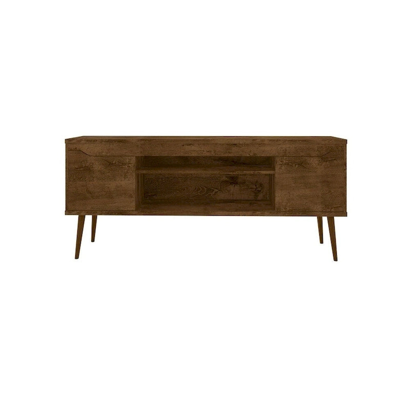 Meuble TV blanc de style moderne du milieu du siècle, console multimédia à 2 portes et 2 étagères, pieds évasés en noyer, convient jusqu’à 60 pouces
