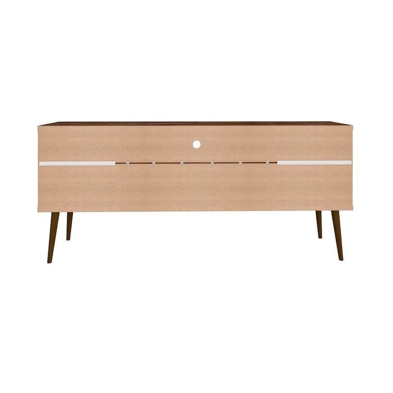 Meuble TV blanc de style moderne du milieu du siècle, console multimédia à 2 portes et 2 étagères, pieds évasés en noyer, convient jusqu’à 60 pouces