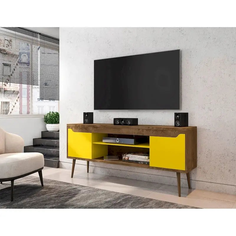Meuble TV blanc de style moderne du milieu du siècle, console multimédia à 2 portes et 2 étagères, pieds évasés en noyer, convient jusqu’à 60 pouces