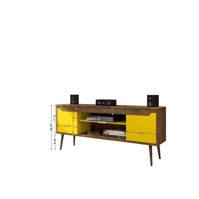 Meuble TV blanc de style moderne du milieu du siècle, console multimédia à 2 portes et 2 étagères, pieds évasés en noyer, convient jusqu’à 60 pouces