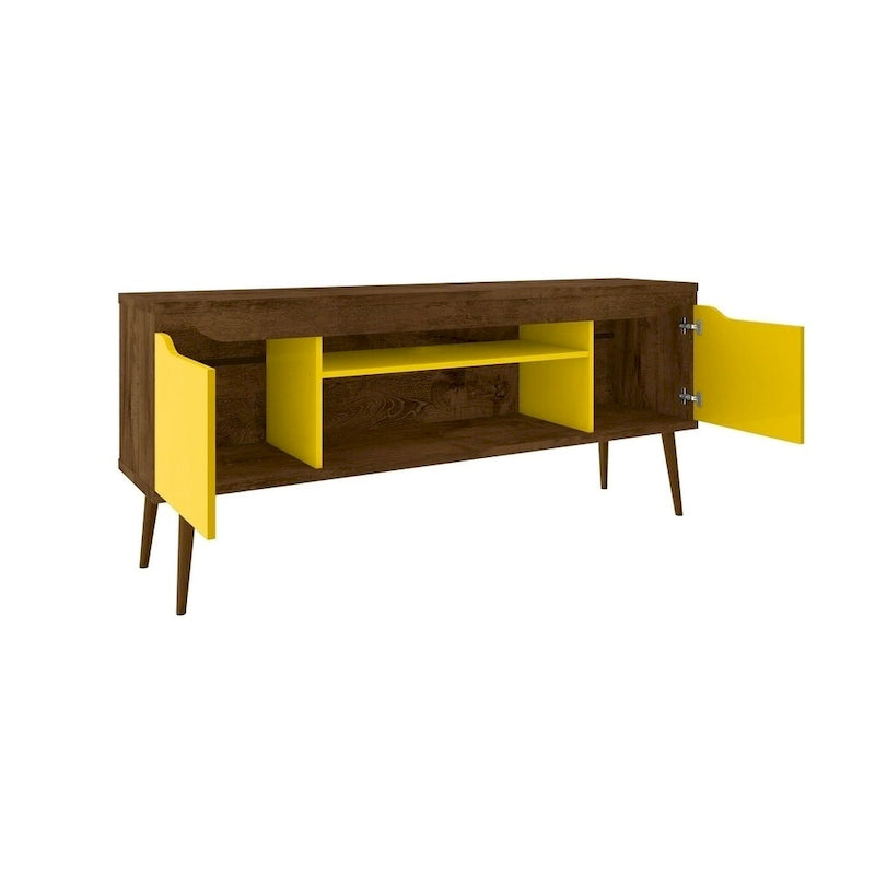 Meuble TV blanc de style moderne du milieu du siècle, console multimédia à 2 portes et 2 étagères, pieds évasés en noyer, convient jusqu’à 60 pouces