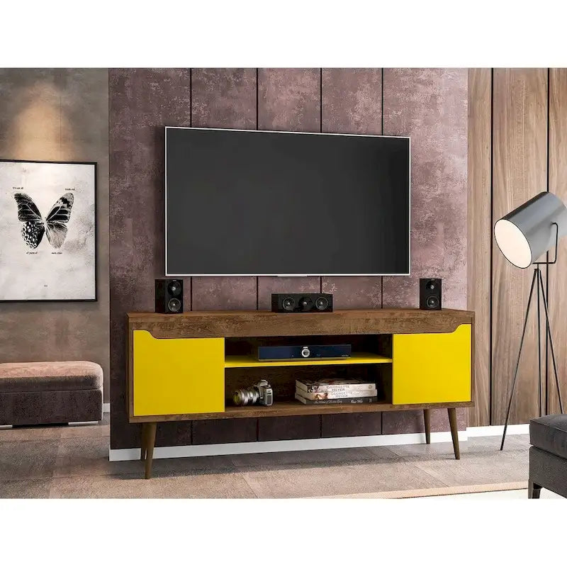 Meuble TV blanc de style moderne du milieu du siècle, console multimédia à 2 portes et 2 étagères, pieds évasés en noyer, convient jusqu’à 60 pouces