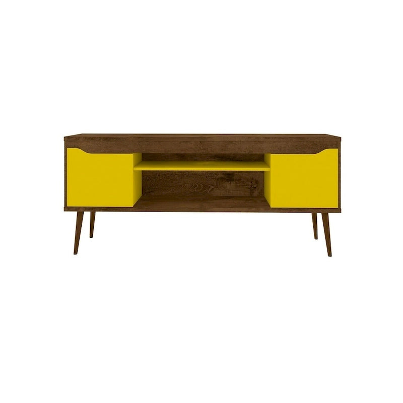 Meuble TV blanc de style moderne du milieu du siècle, console multimédia à 2 portes et 2 étagères, pieds évasés en noyer, convient jusqu’à 60 pouces