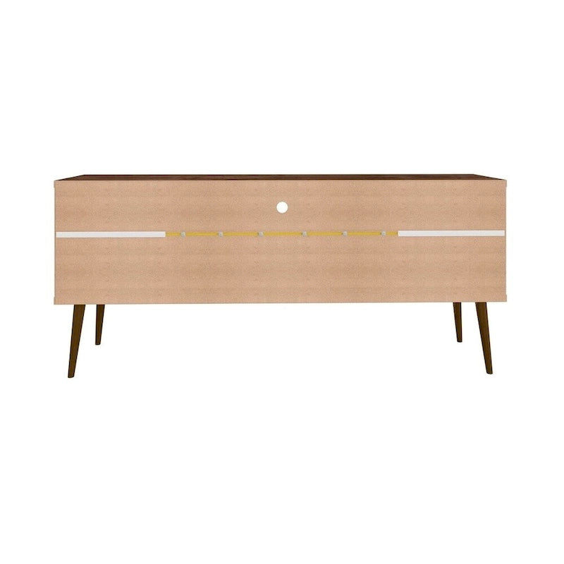 Meuble TV blanc de style moderne du milieu du siècle, console multimédia à 2 portes et 2 étagères, pieds évasés en noyer, convient jusqu’à 60 pouces