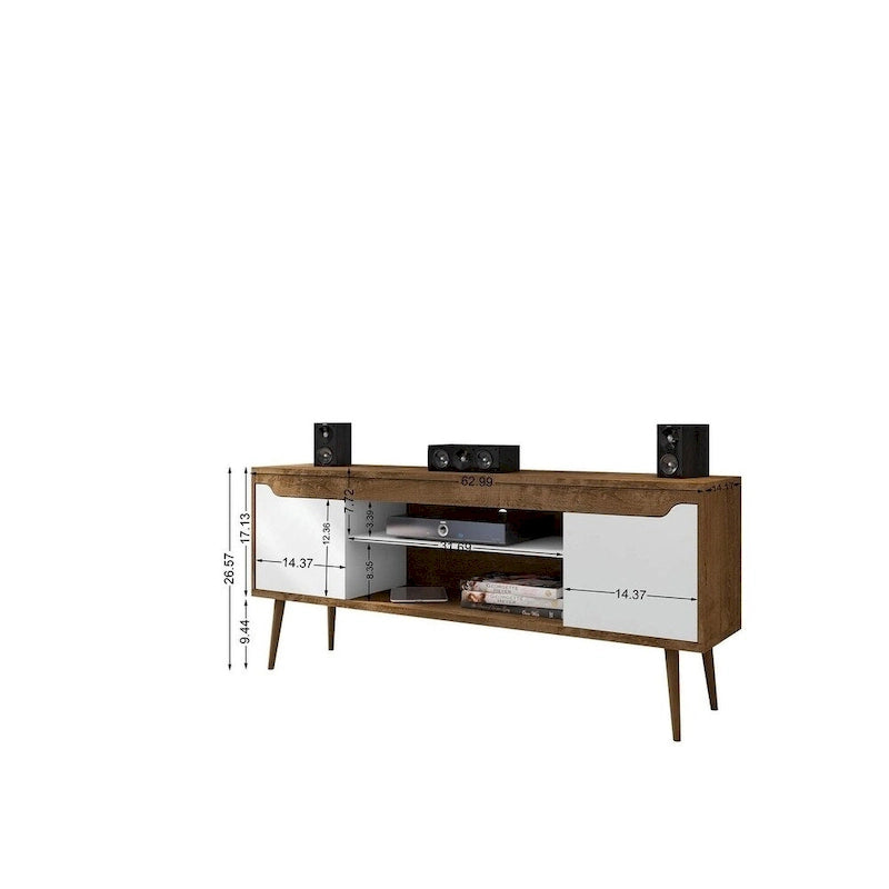 Meuble TV blanc de style moderne du milieu du siècle, console multimédia à 2 portes et 2 étagères, pieds évasés en noyer, convient jusqu’à 60 pouces