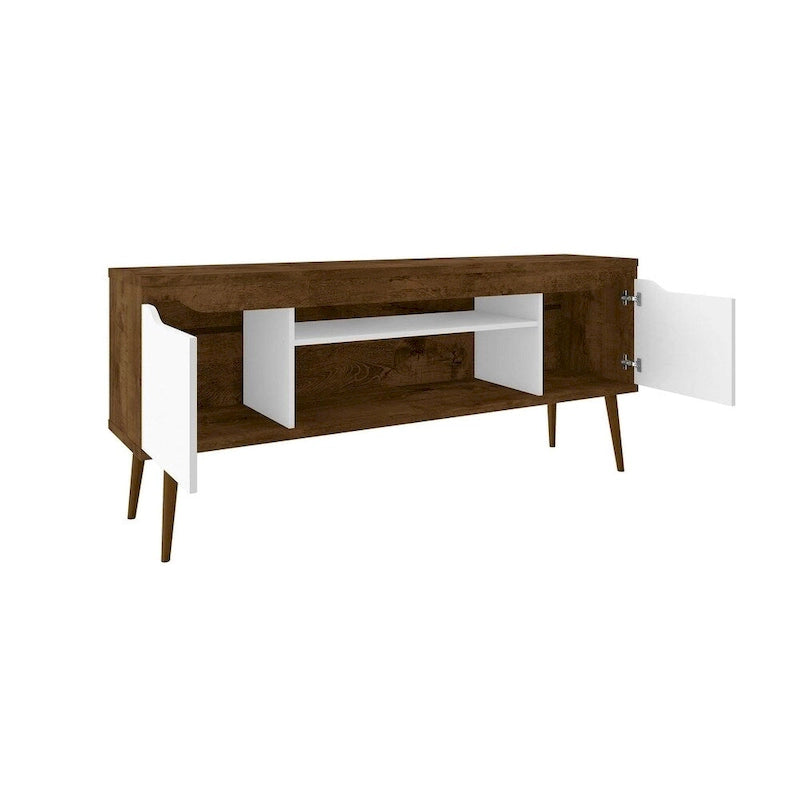 Meuble TV blanc de style moderne du milieu du siècle, console multimédia à 2 portes et 2 étagères, pieds évasés en noyer, convient jusqu’à 60 pouces