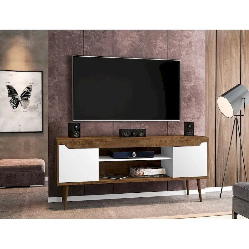 Meuble TV blanc de style moderne du milieu du siècle, console multimédia à 2 portes et 2 étagères, pieds évasés en noyer, convient jusqu’à 60 pouces
