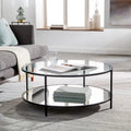 Ronde salontafel met spiegelafwerking in twee lagen, glazen blad, zwart metalen frame, handgemaakt, 36 inch