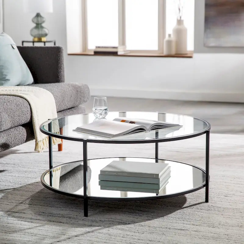 Mirrored Two-Tier Round Coffee Table Glass Top Black Metal Frame Handcrafted 36 Inch