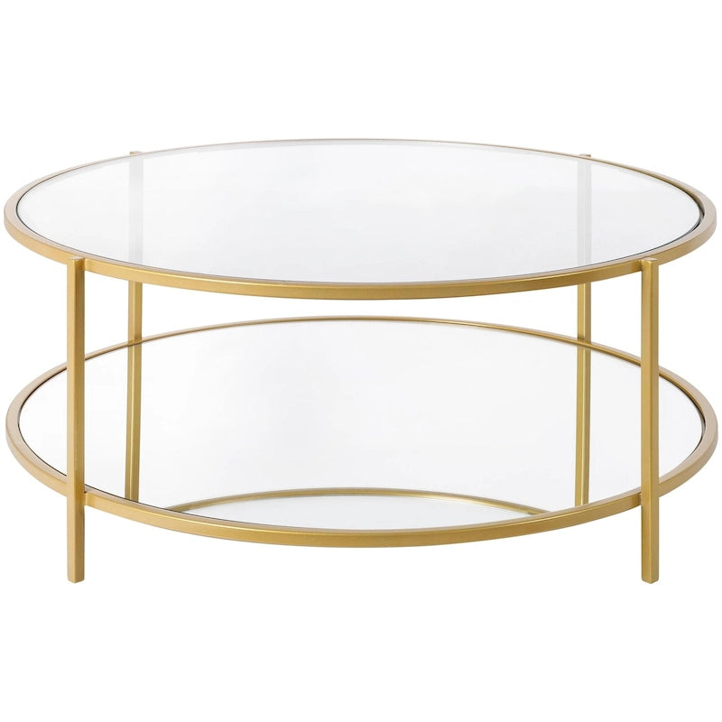 Mirrored Two-Tier Round Coffee Table Glass Top Black Metal Frame Handcrafted 36 Inch