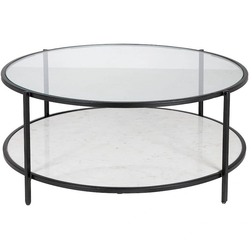 Ronde salontafel met spiegelafwerking in twee lagen, glazen blad, zwart metalen frame, handgemaakt, 36 inch
