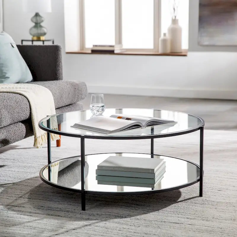 Ronde salontafel met spiegelafwerking in twee lagen, glazen blad, zwart metalen frame, handgemaakt, 36 inch