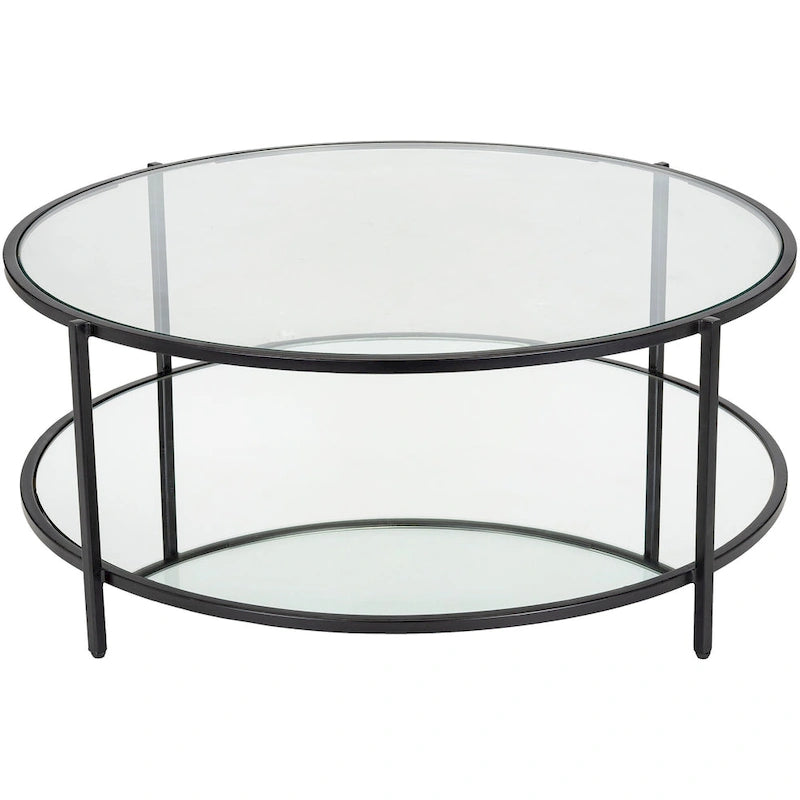 Ronde salontafel met spiegelafwerking in twee lagen, glazen blad, zwart metalen frame, handgemaakt, 36 inch