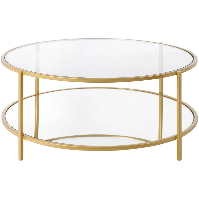 Ronde salontafel met spiegelafwerking in twee lagen, glazen blad, zwart metalen frame, handgemaakt, 36 inch