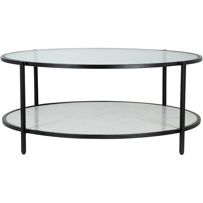 Ronde salontafel met spiegelafwerking in twee lagen, glazen blad, zwart metalen frame, handgemaakt, 36 inch