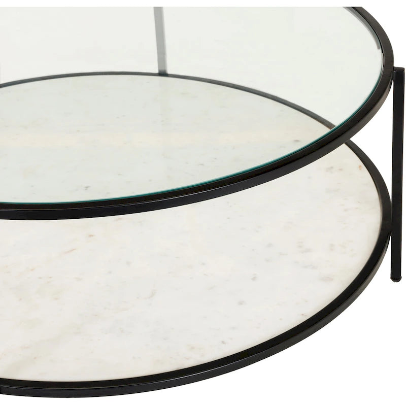 Ronde salontafel met spiegelafwerking in twee lagen, glazen blad, zwart metalen frame, handgemaakt, 36 inch