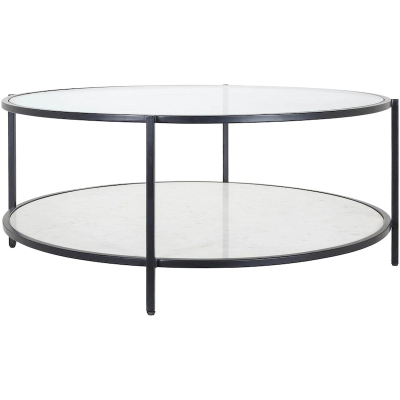 Ronde salontafel met spiegelafwerking in twee lagen, glazen blad, zwart metalen frame, handgemaakt, 36 inch