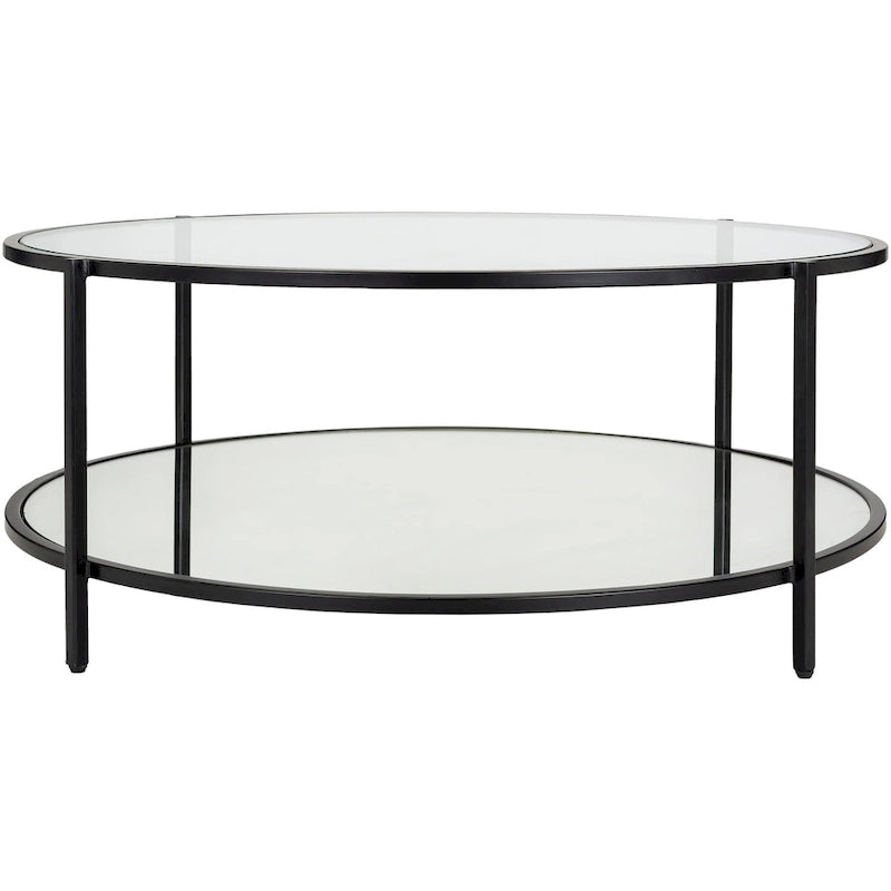 Ronde salontafel met spiegelafwerking in twee lagen, glazen blad, zwart metalen frame, handgemaakt, 36 inch