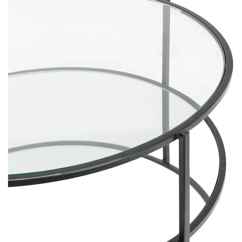 Ronde salontafel met spiegelafwerking in twee lagen, glazen blad, zwart metalen frame, handgemaakt, 36 inch