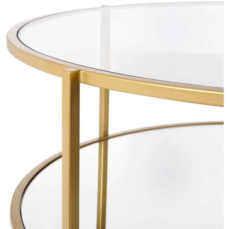 Ronde salontafel met spiegelafwerking in twee lagen, glazen blad, zwart metalen frame, handgemaakt, 36 inch