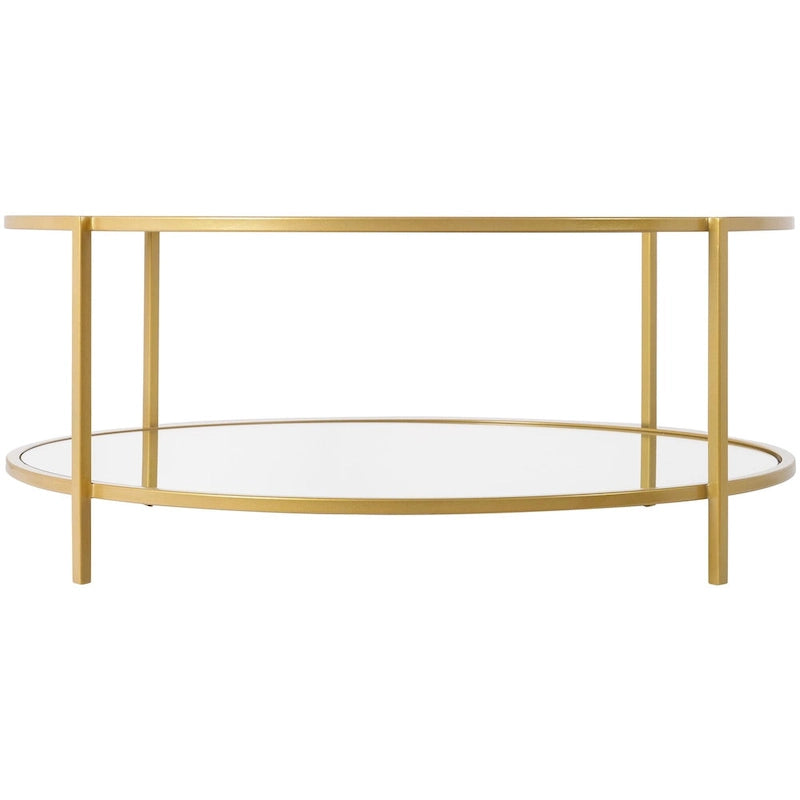 Ronde salontafel met spiegelafwerking in twee lagen, glazen blad, zwart metalen frame, handgemaakt, 36 inch