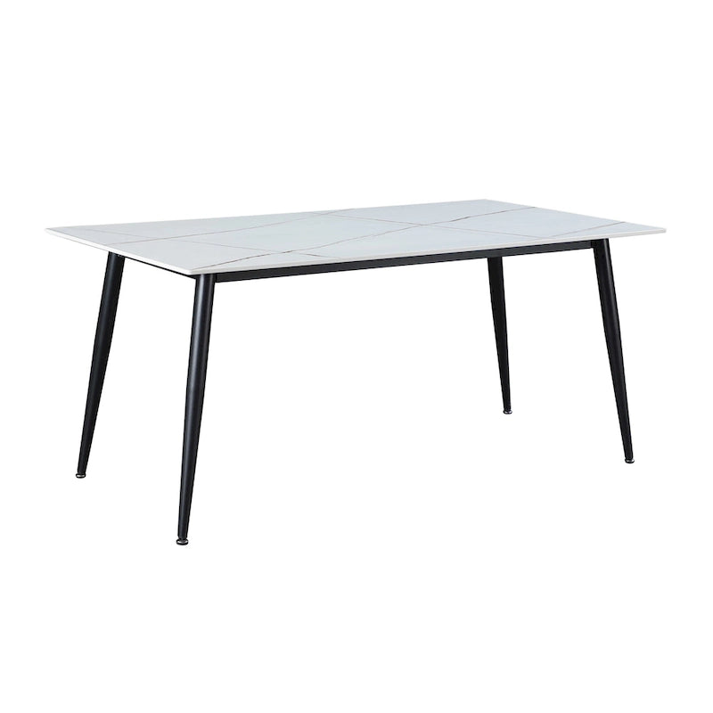 Tavolo da pranzo in pietra sinterizzata effetto marmo bianco, gambe svasate nero opaco, 63 x 36 pollici