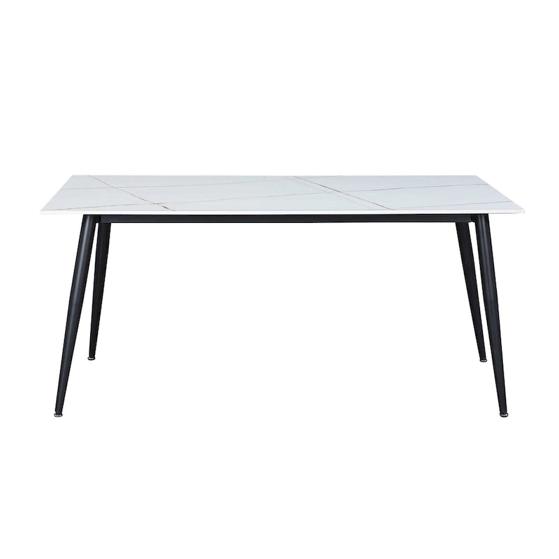 White Marble-Look Sintered Stone Dining Table Matte Black Splayed Legs 63 x 36 Inch