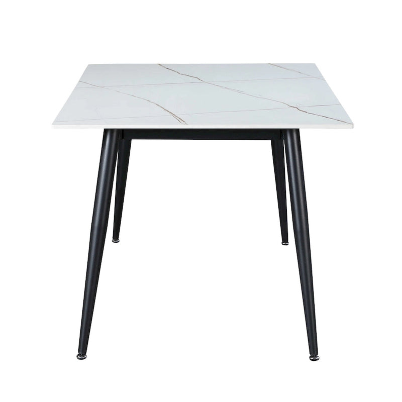 Tavolo da pranzo in pietra sinterizzata effetto marmo bianco, gambe svasate nero opaco, 63 x 36 pollici