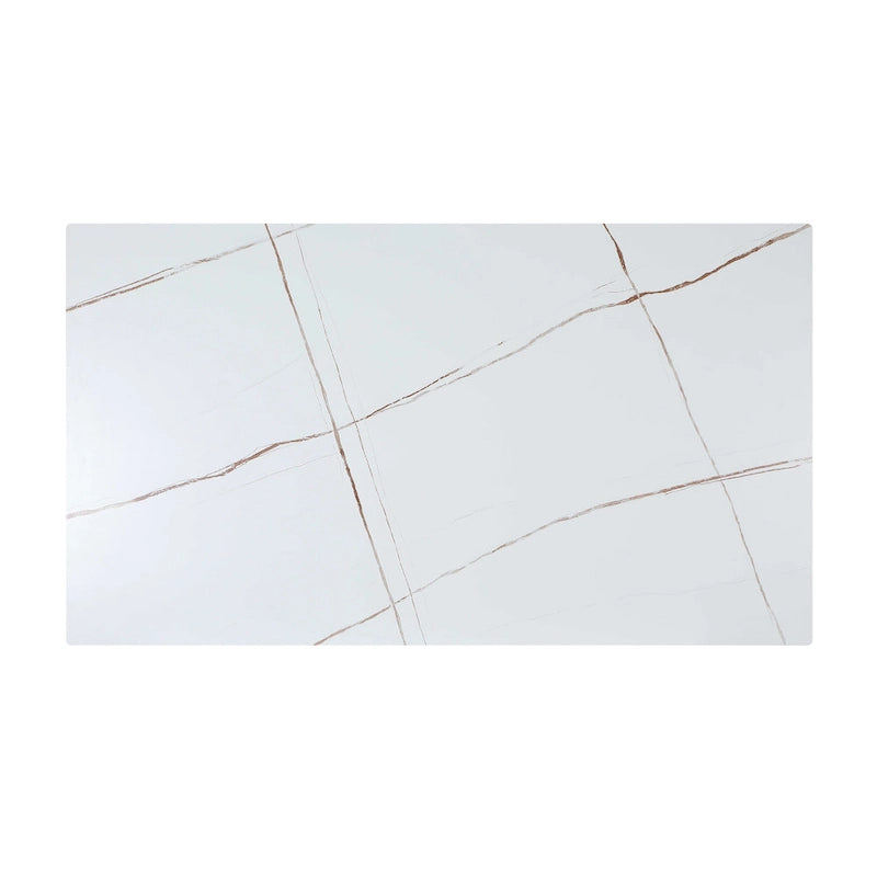 Tavolo da pranzo in pietra sinterizzata effetto marmo bianco, gambe svasate nero opaco, 63 x 36 pollici