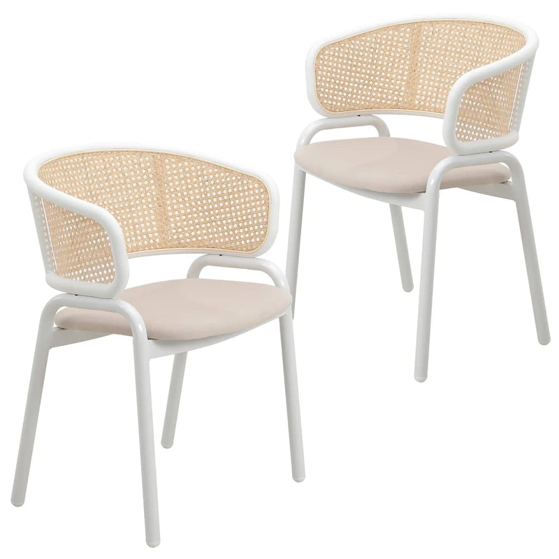 Beige Esszimmerstühle mit geschwungener Rohrgeflecht-Rückenlehne, 2er-Set, weißes Metallgestell, gepolsterte Sitzfläche