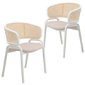 Beige Esszimmerstühle mit geschwungener Rohrgeflecht-Rückenlehne, 2er-Set, weißes Metallgestell, gepolsterte Sitzfläche