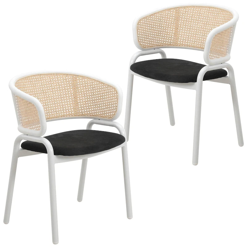 Beige Curved Cane Back Dining Arm Chairs Set of 2 White Metal Frame Upholstered Seat