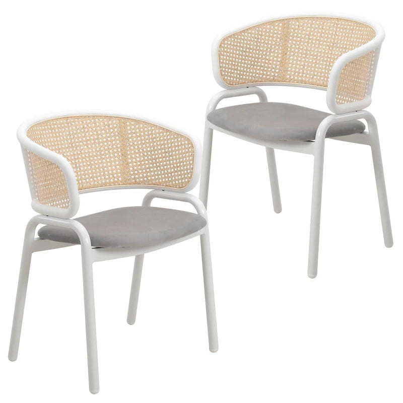 Beige Curved Cane Back Dining Arm Chairs Set of 2 White Metal Frame Upholstered Seat