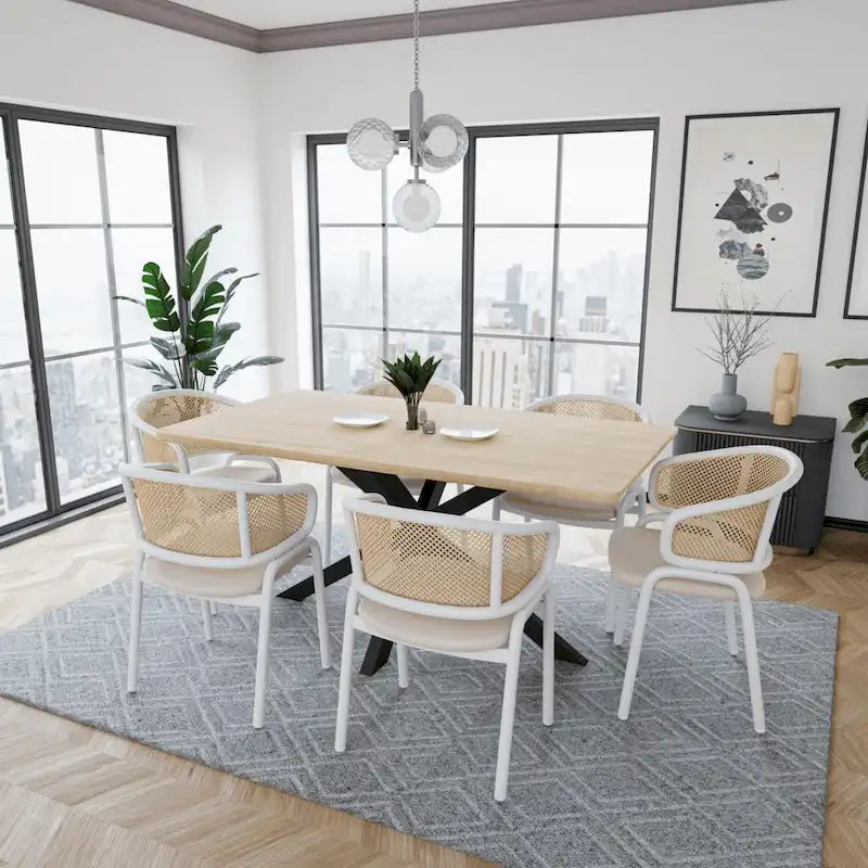 Beige Curved Cane Back Dining Arm Chairs Set of 2 White Metal Frame Upholstered Seat