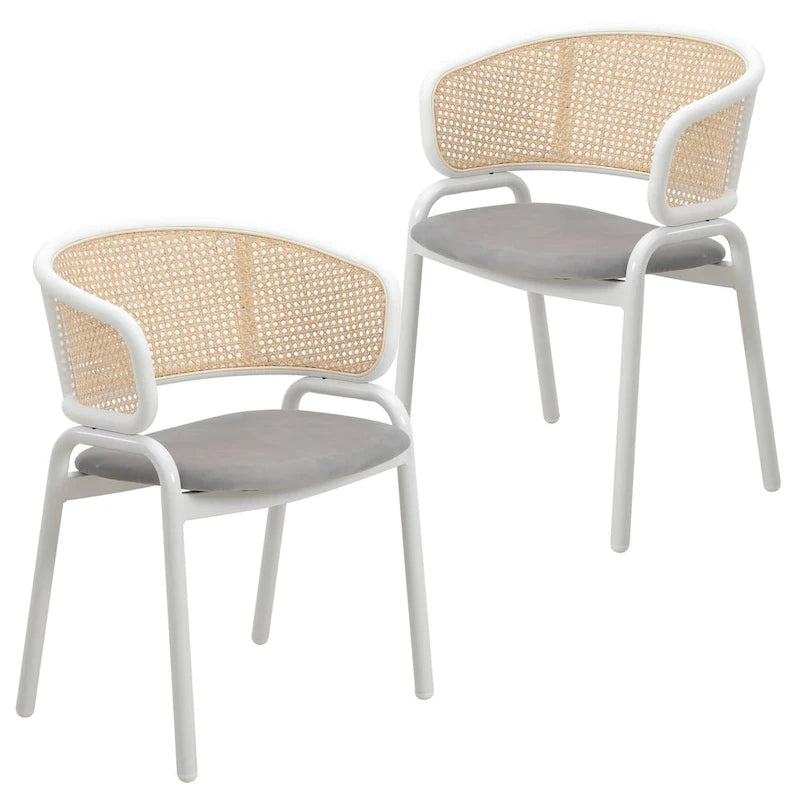 Beige Curved Cane Back Dining Arm Chairs Set of 2 White Metal Frame Upholstered Seat