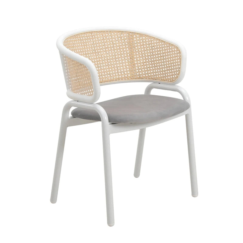 Beige Esszimmerstühle mit geschwungener Rohrgeflecht-Rückenlehne, 2er-Set, weißes Metallgestell, gepolsterte Sitzfläche